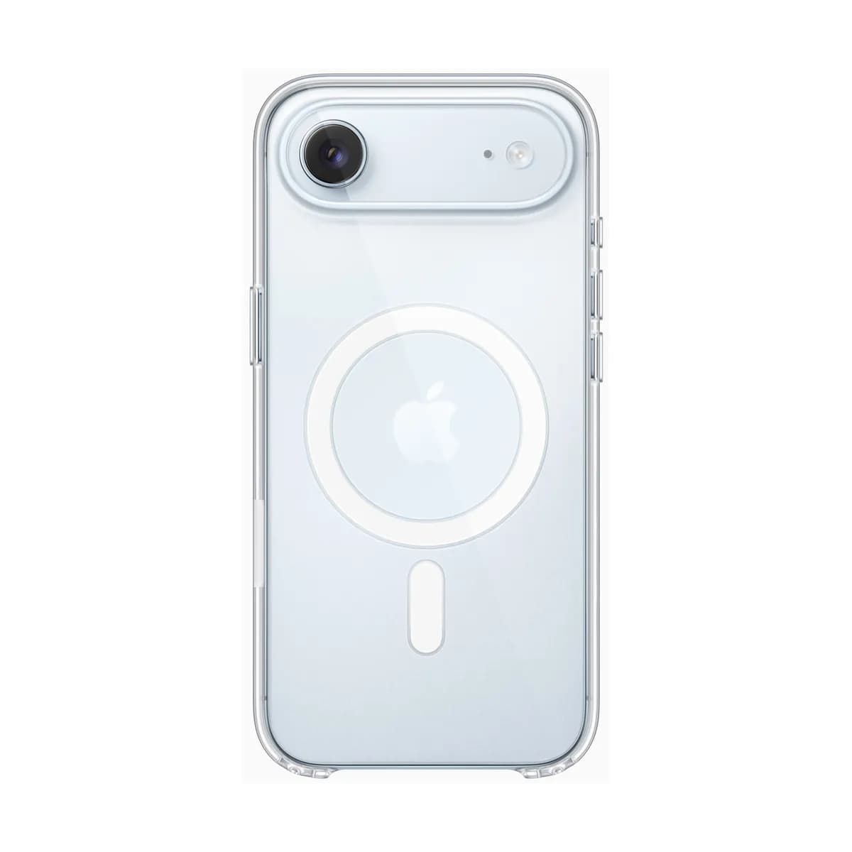 قاب MagSafe سفید یخ‌زده روی iPhone Air، عکس خبری اپل. گوشی هم در عکس است.